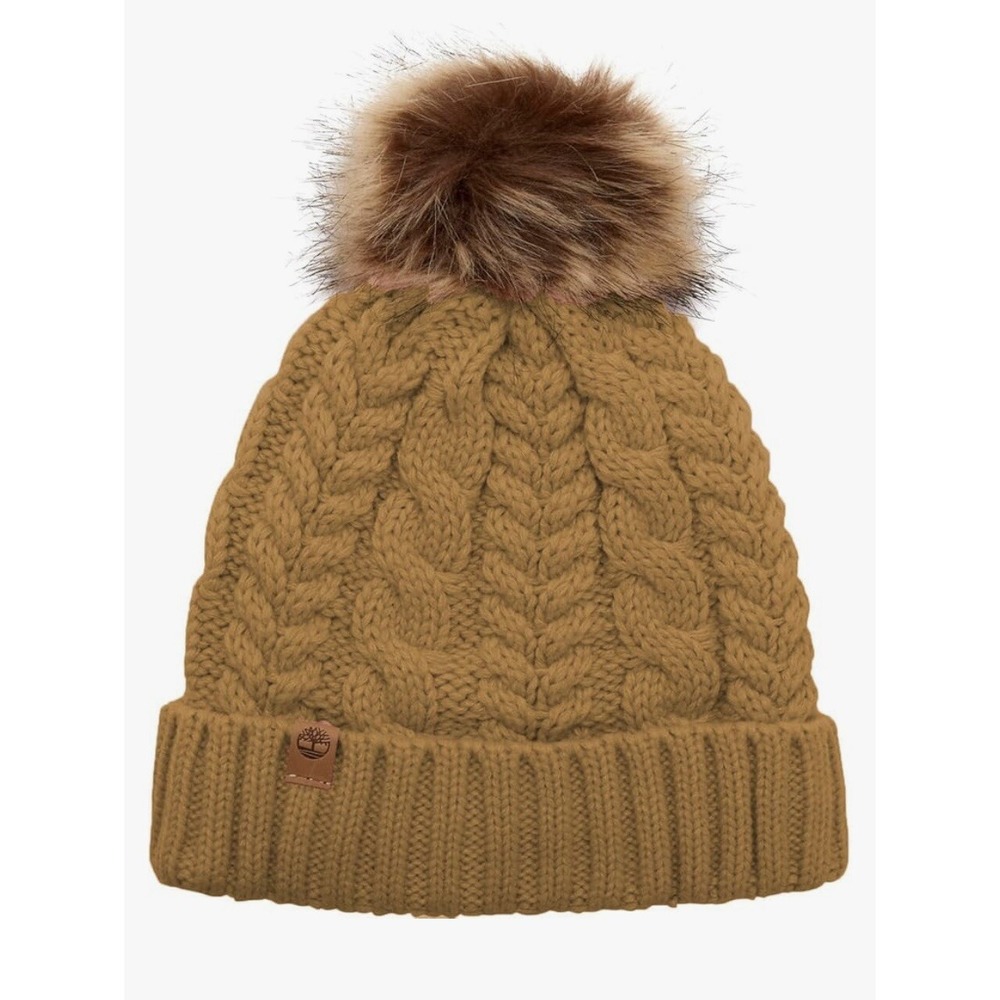 Timberland Women`s Cable Knit Cuff Pom Beanie one size Tan Brown winter New